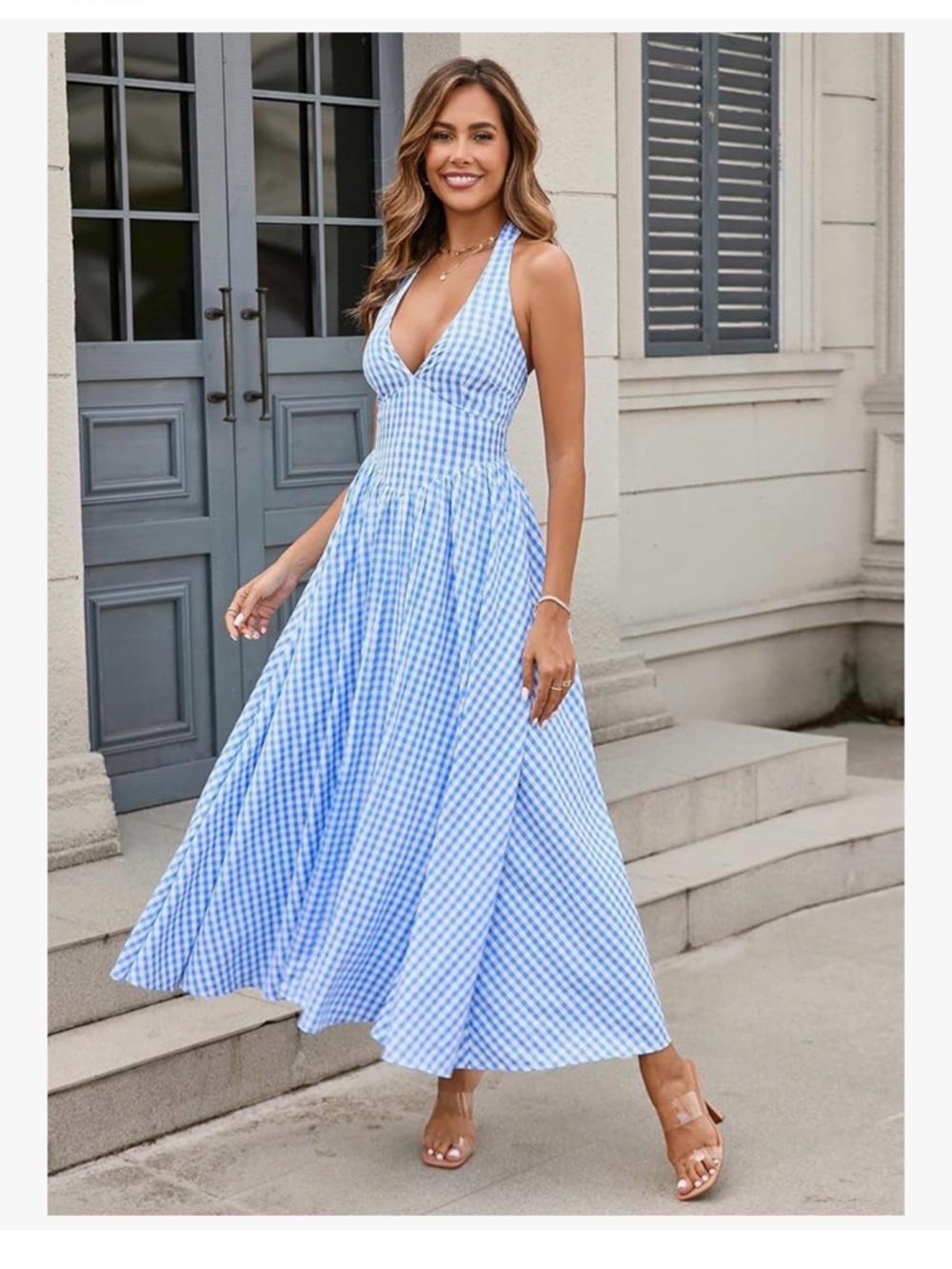 Blue Gingham Halter Maxi Dress